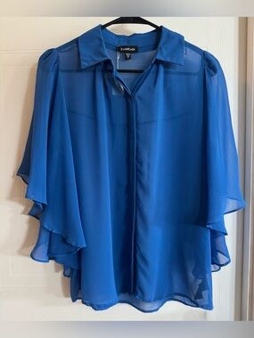Bebe Royal Blue Chiffon Sheer Wide Flutter Cape Sleeve Blouse Top XS